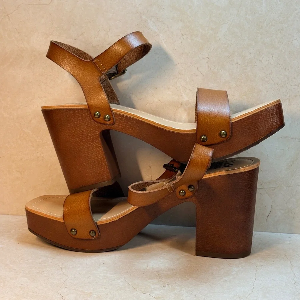 Madden NYC Lifft‎ Platform Block Heel Sandals Tan Leather Buckle Ankle Strap 9